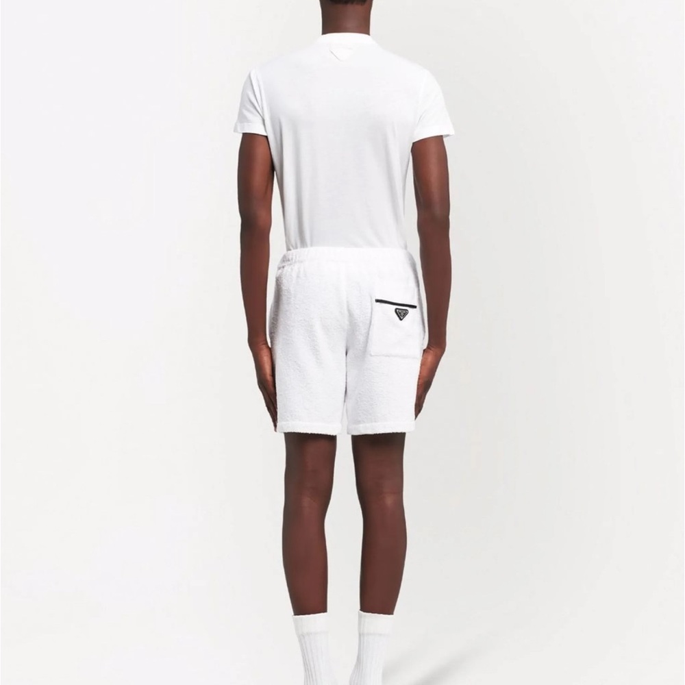 PRADA White cotton logo-plaque terry-cloth shorts. Never worn